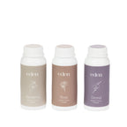 Eden Scented Talcum Powder 50g range featuring Gardenia, Rose and Orchid fragrances in coordinating travel-size bottles.