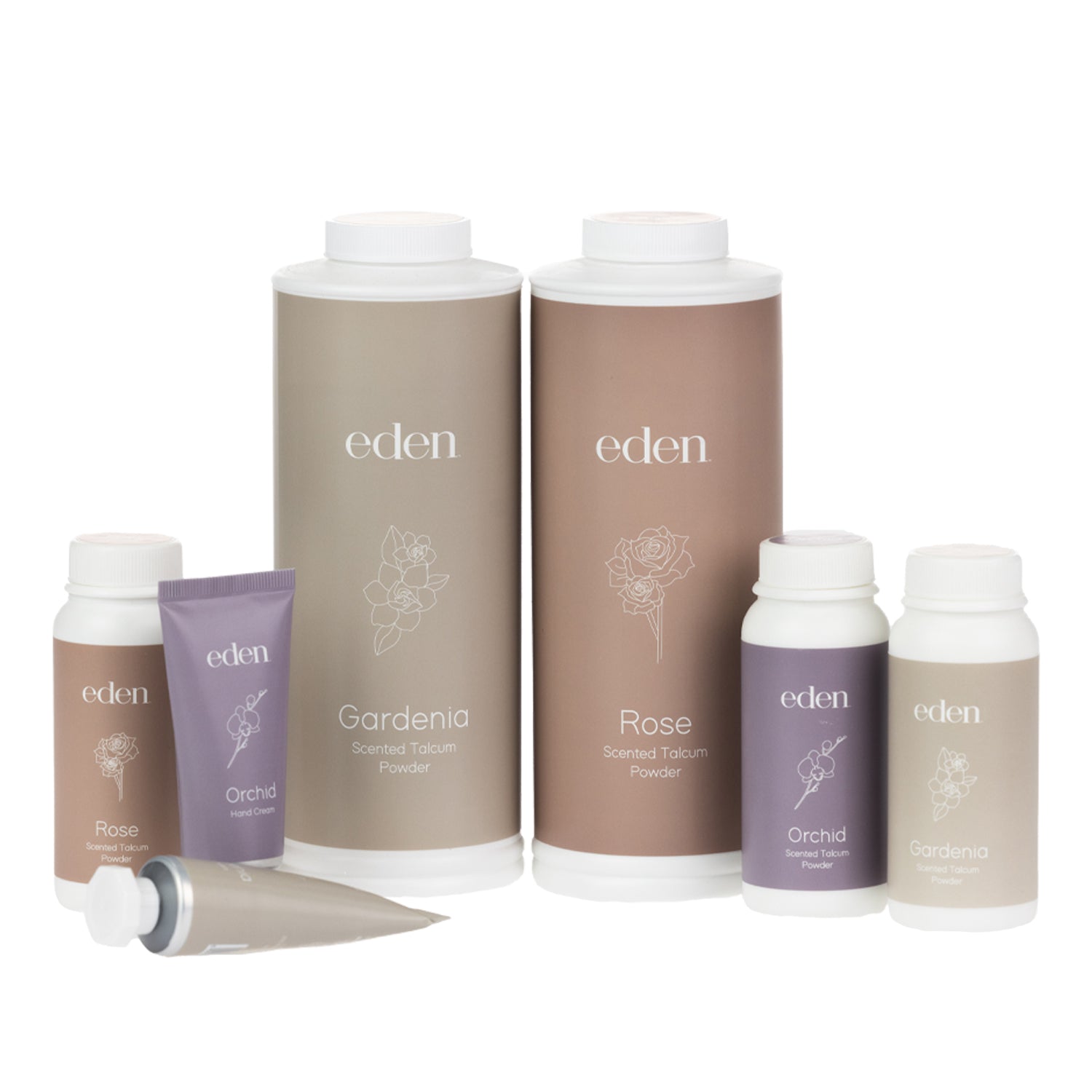 Eden body care range featuring Gardenia and Rose scented talcum powders with coordinating Orchid hand cream and smaller talcum powder bottles.