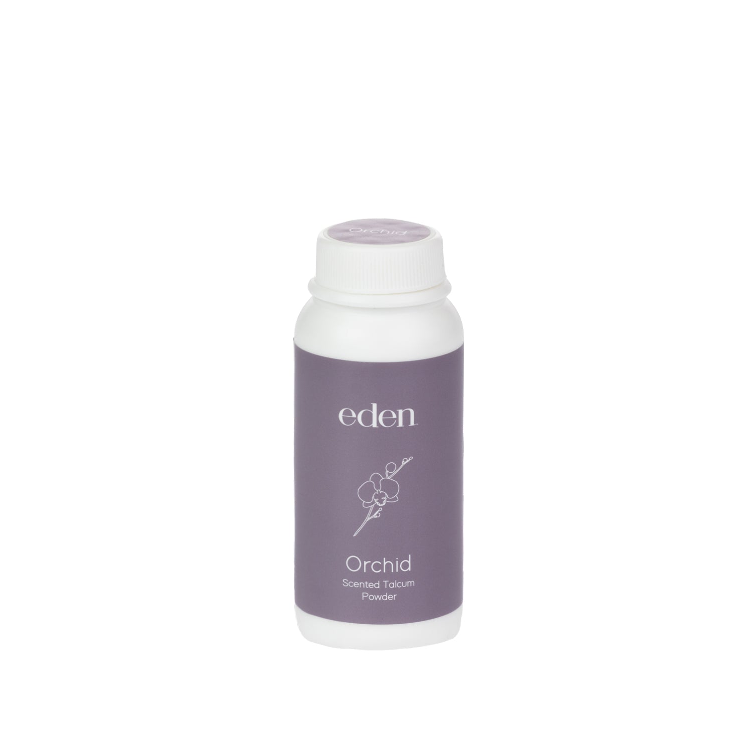 Eden Orchid Scented Talcum Powder 50g in a muted purple bottle with orchid line-art detailing.