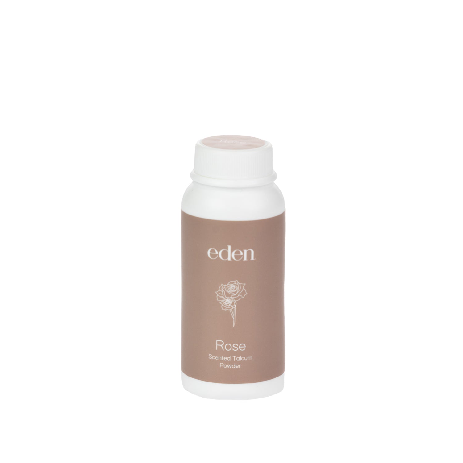 Eden Rose Scented Talcum Powder 50g in a soft rose-toned bottle with rose line-art detailing.