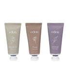 Eden Hand Cream 30g range featuring Gardenia, Rose and Orchid fragrances in coordinating floral tubes.