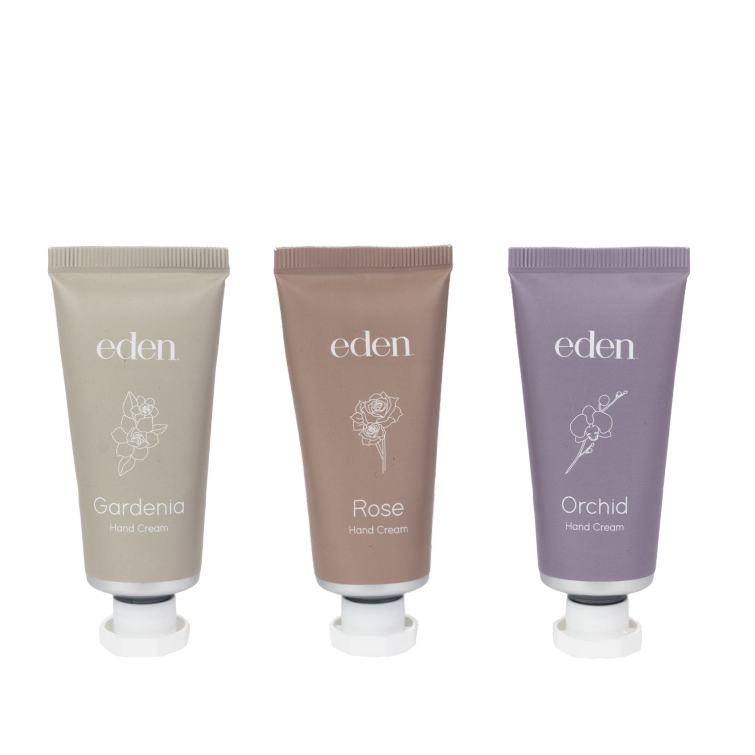 Eden Hand Cream 30g range featuring Gardenia, Rose and Orchid fragrances in coordinating floral tubes.