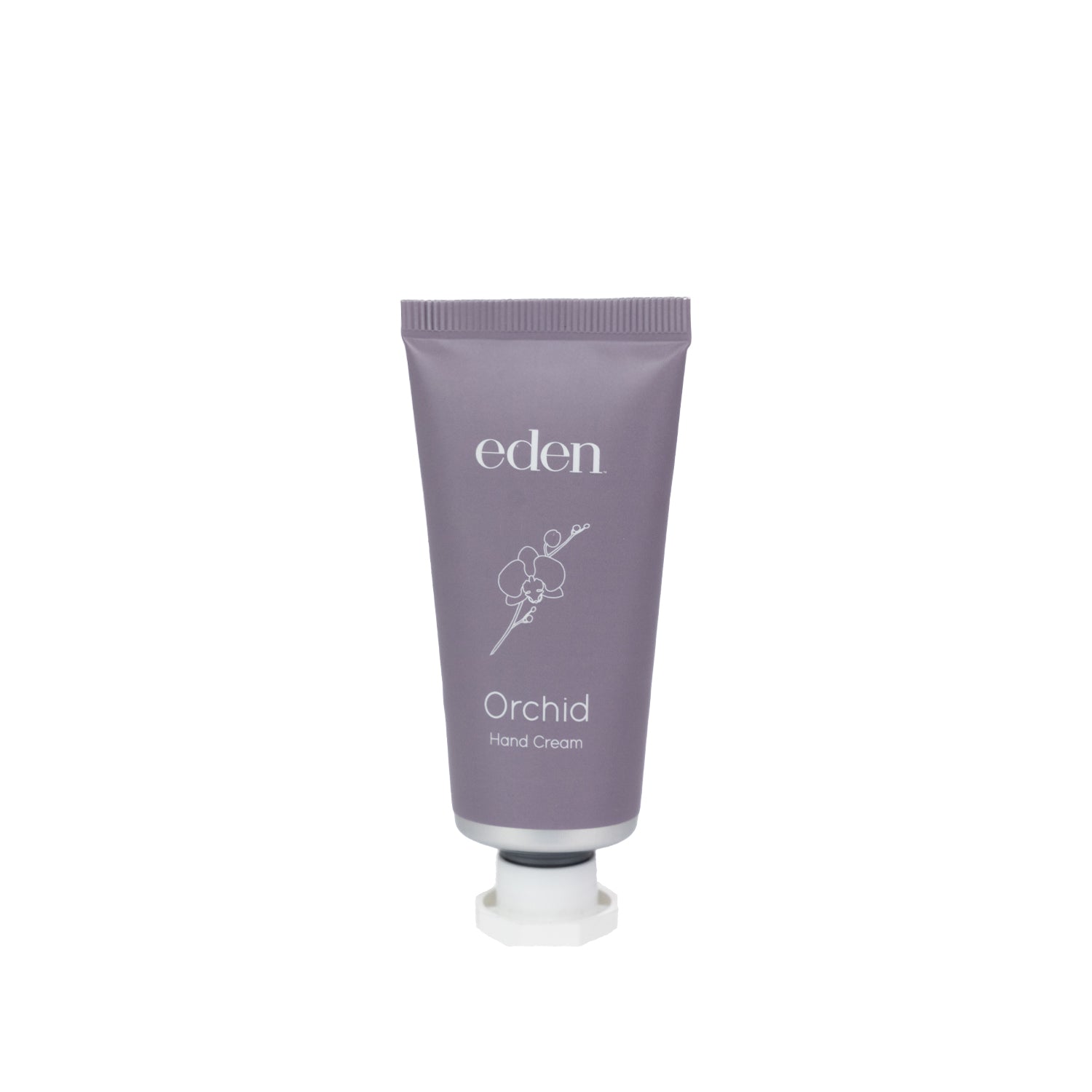 Eden Orchid Hand Cream 30g in a muted purple tube with orchid floral line-art detailing.