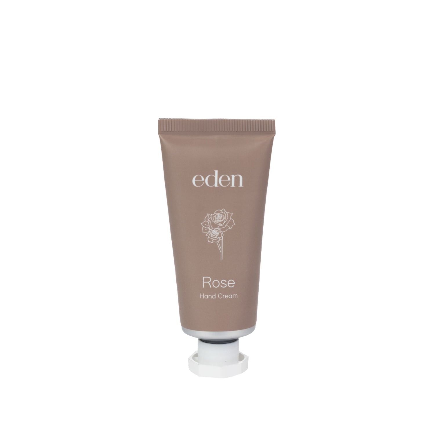 Eden Rose Hand Cream 30g in a soft rose-toned tube with rose floral line-art detailing.