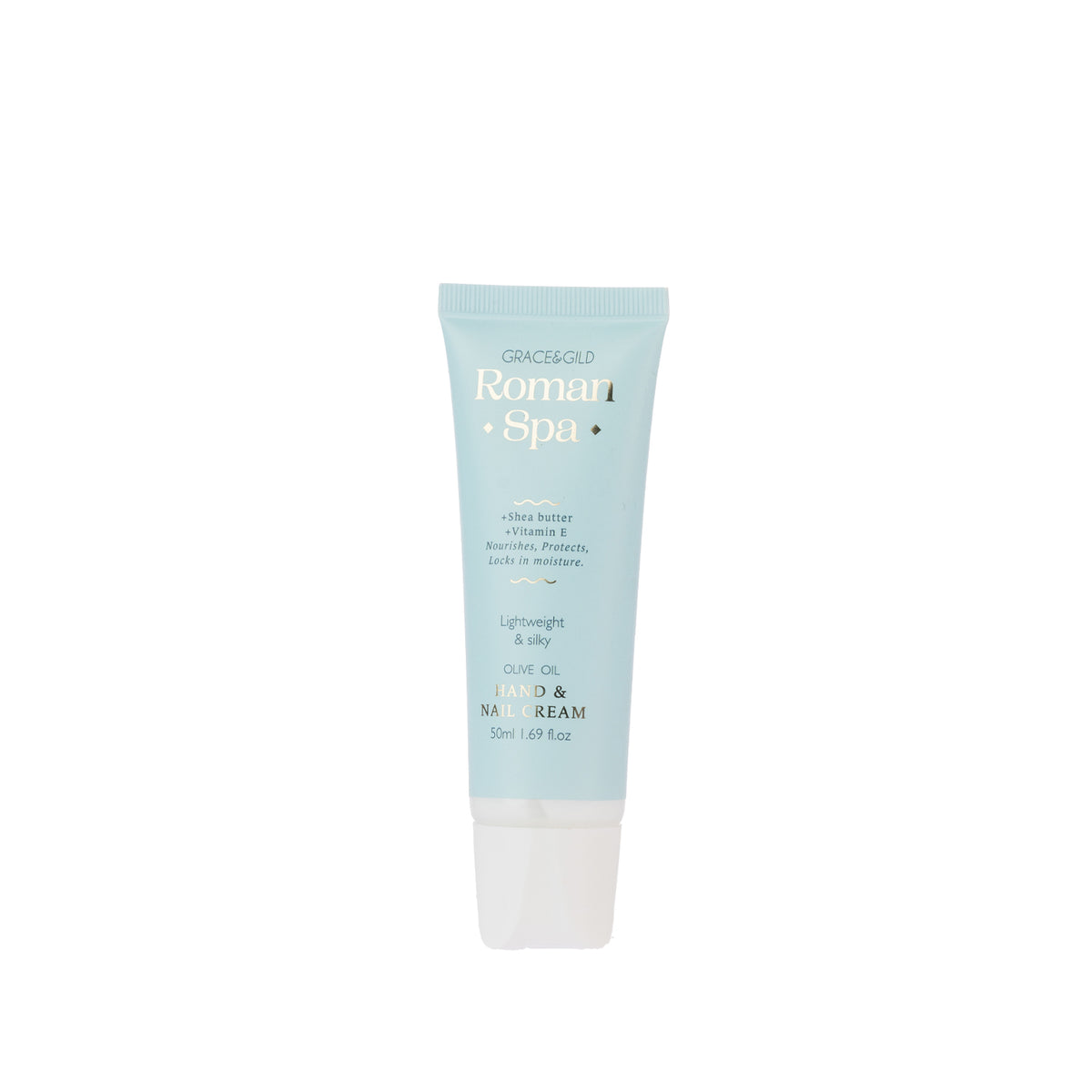Grace & Gild Roman Spa Olive Oil Hand & Nail Cream 50ml in a light blue tube on a white background.