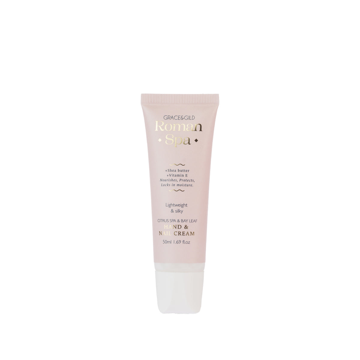Grace & Gild Roman Spa Citrus Spa & Bay Leaf Hand & Nail Cream 50ml in a blush pink tube on a white background.