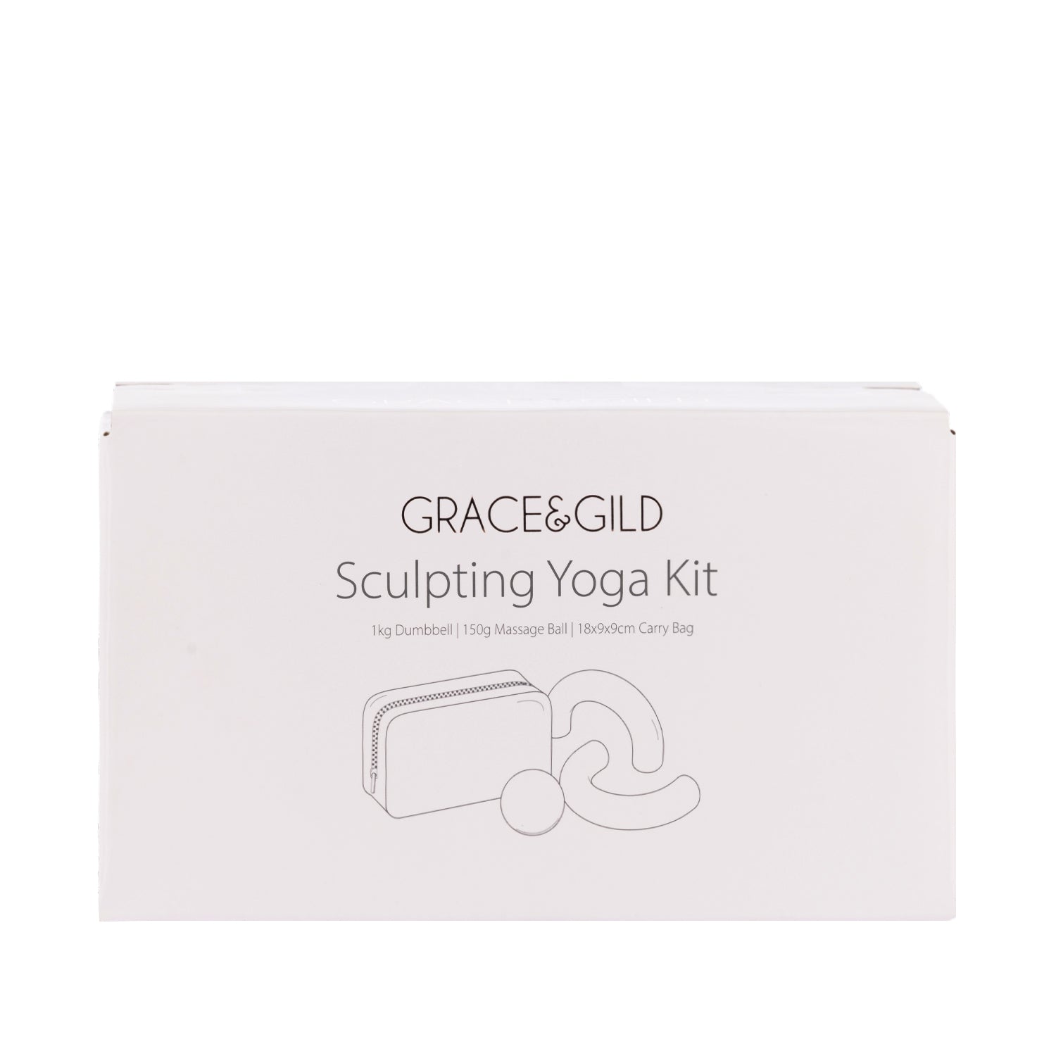 Grace & Gild Sculpting Yoga Kit packaging featuring an illustration of the carry bag, dumbbell and massage ball.