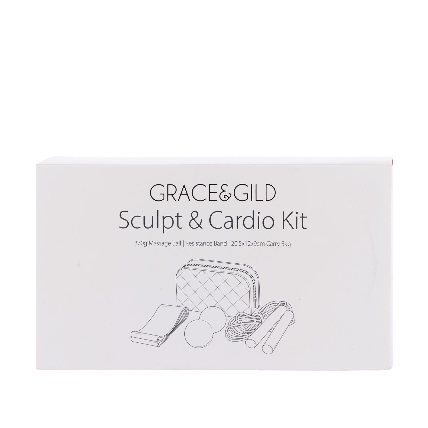 Grace & Gild Sculpt & Cardio Kit packaging featuring illustrations of the included fitness accessories and carry bag.