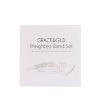 Grace & Gild Weighted Band Set packaging featuring illustrations of the massage stick, yoga strap, wrist weights and resistance band.