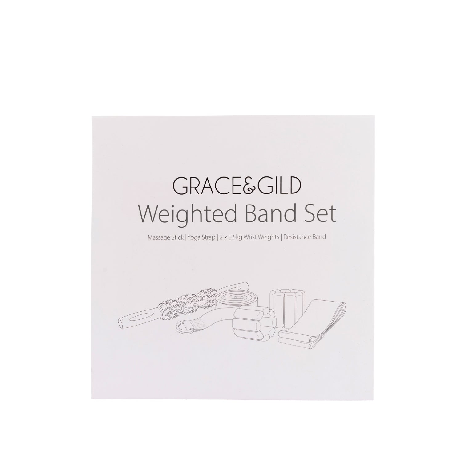 Grace & Gild Weighted Band Set packaging featuring illustrations of the massage stick, yoga strap, wrist weights and resistance band.