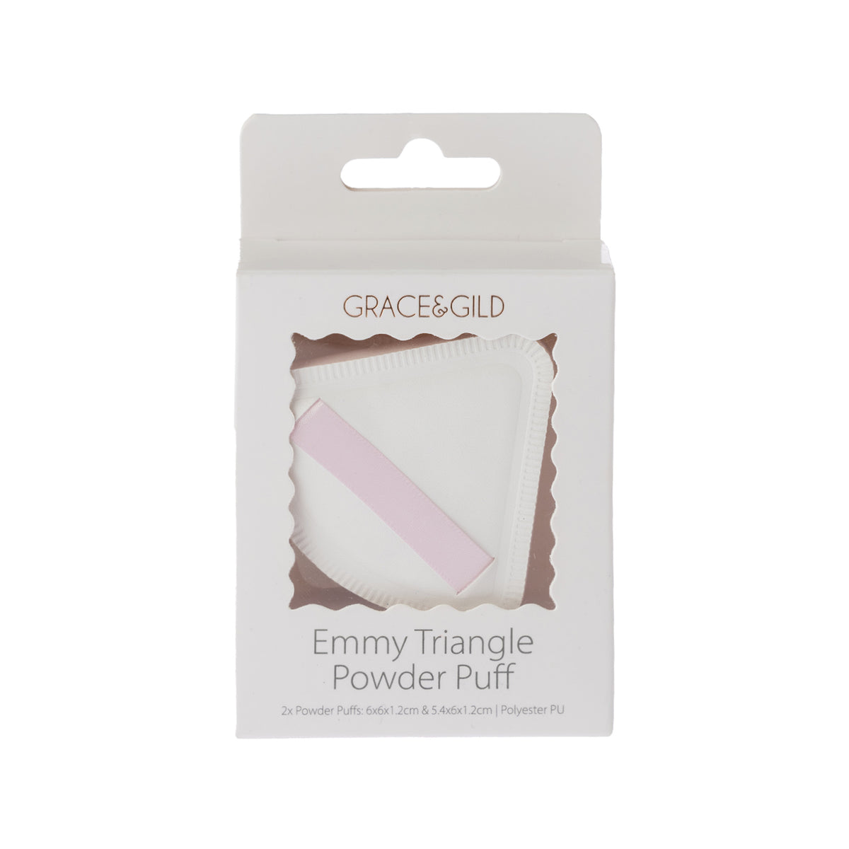 Grace & Gild Emmy Triangle Powder Puff 2 pack in pink and white, displayed in retail packaging on a white background.