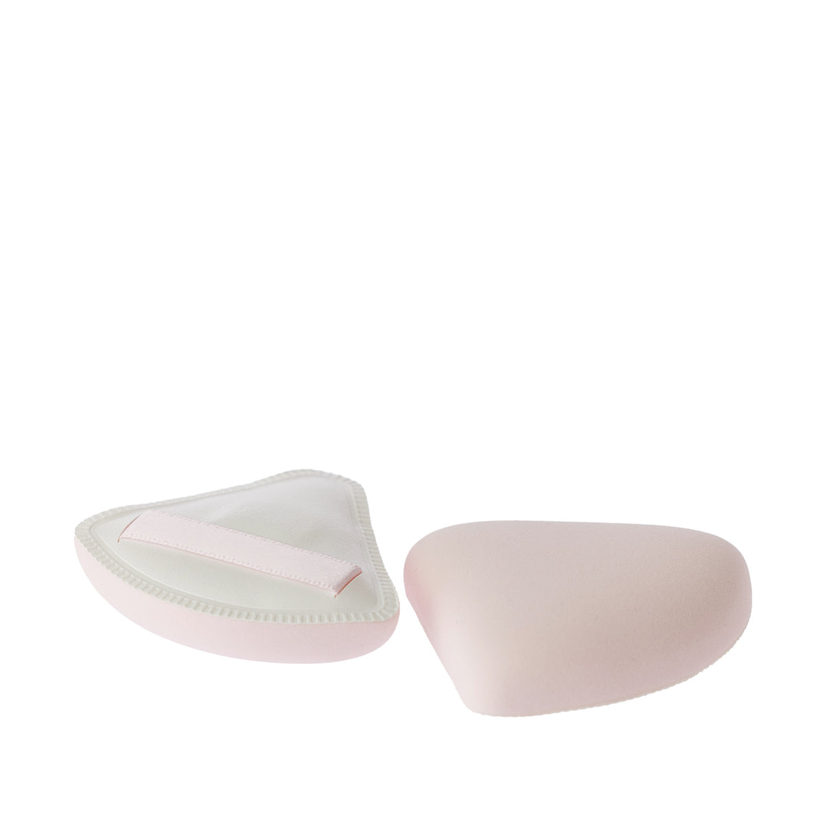 Two Grace & Gild Emmy Triangle Powder Puffs in pink and white, showing the soft triangular shape and finger strap detail.