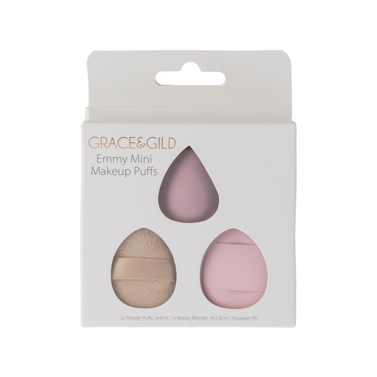 Grace & Gild Emmy Mini Makeup Puffs set in multi colours, displayed in retail packaging with two powder puffs and one beauty blender.