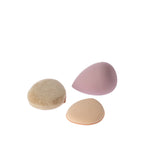 Grace & Gild Emmy Mini Makeup Puffs set showing a beige plush powder puff, pink makeup puff and mauve beauty blender on a white background.