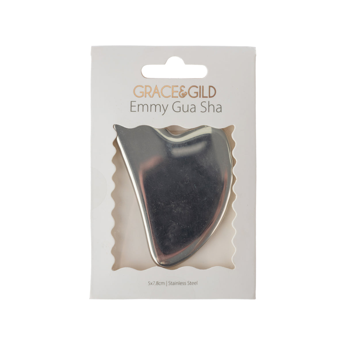 Grace & Gild Emmy Stainless Steel Gua Sha, displayed in white retail packaging on a white background.
