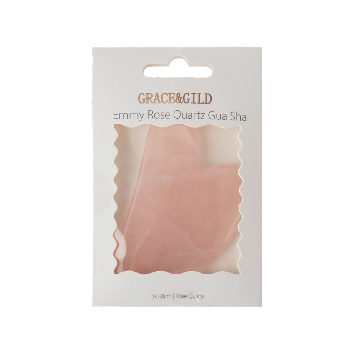 Grace & Gild Emmy Rose Quartz Gua Sha, displayed in white retail packaging on a white background.