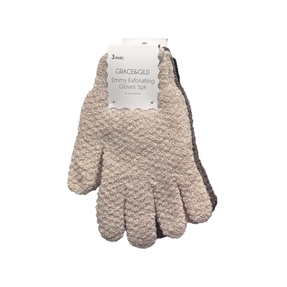 Grace & Gild Emmy Exfoliating Gloves 3 Pack displayed in retail packaging, featuring textured exfoliating gloves in neutral and dark tones.
