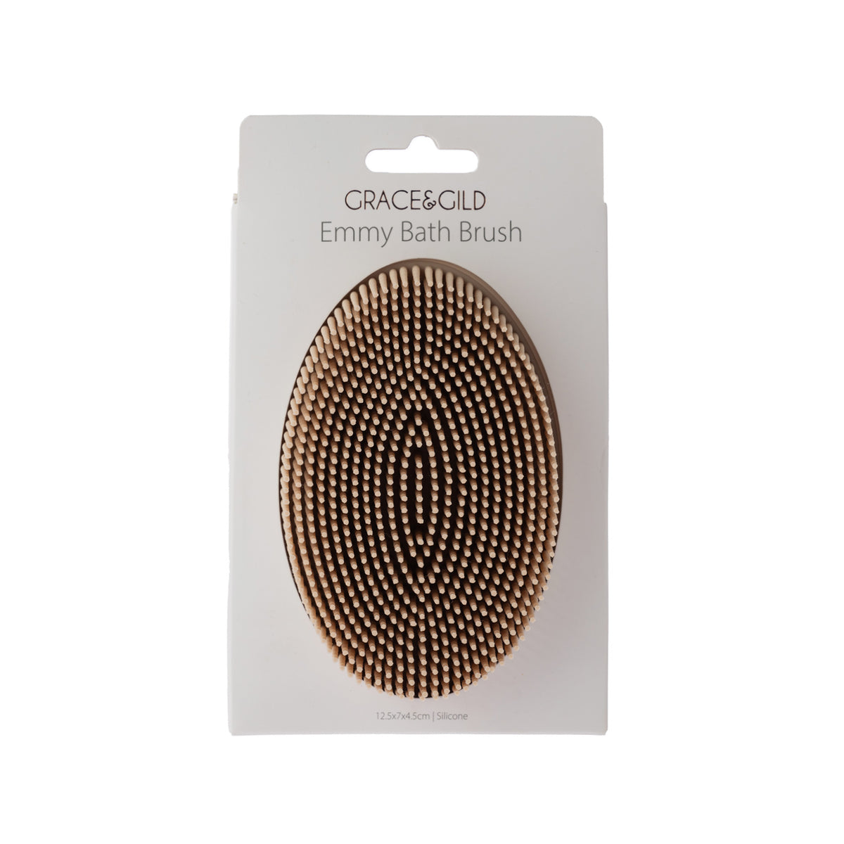 Grace & Gild Emmy Bath Brush in Natural, displayed in retail packaging with soft silicone bristles visible.
