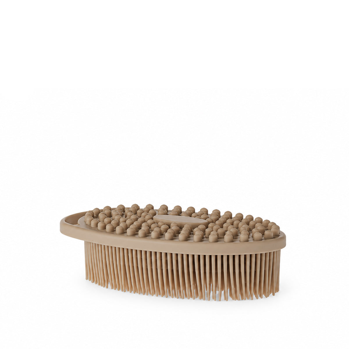 Grace & Gild Emmy Bath Brush in Natural shown from the side, highlighting the silicone massage nodes and flexible bristles.