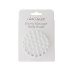 Grace & Gild Emmy Massage Body Brush in retail packaging, showing the white silicone massage nodules through the front cut-out.