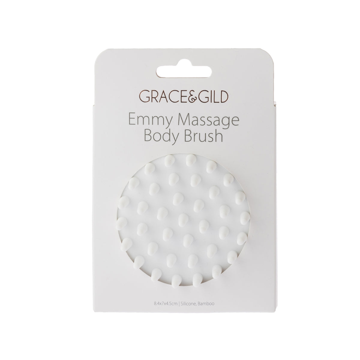 Grace & Gild Emmy Massage Body Brush in retail packaging, showing the white silicone massage nodules through the front cut-out.