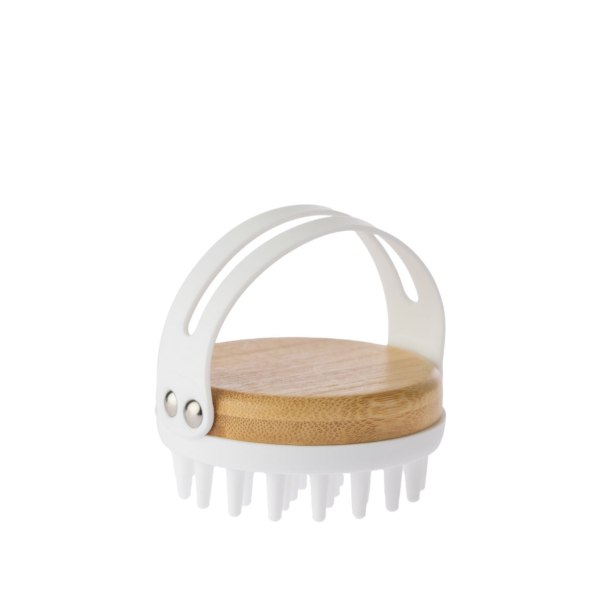 Grace & Gild Emmy Massage Body Brush shown from the back, featuring a round bamboo base, flexible white hand strap and silicone massage bristles.