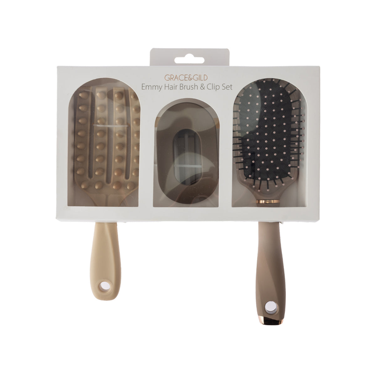 Grace & Gild Emmy Hair Brush & Clip Set displayed in retail packaging, featuring a vented brush, paddle brush and coordinating brown hair clip.