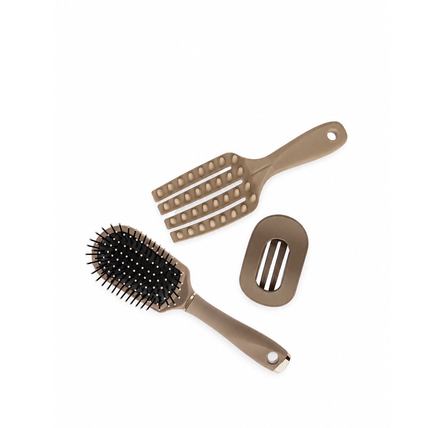 Grace & Gild Emmy Hair Brush & Clip Set arranged on a white background, showing a brown vented brush, cushioned paddle brush and matching hair clip.
