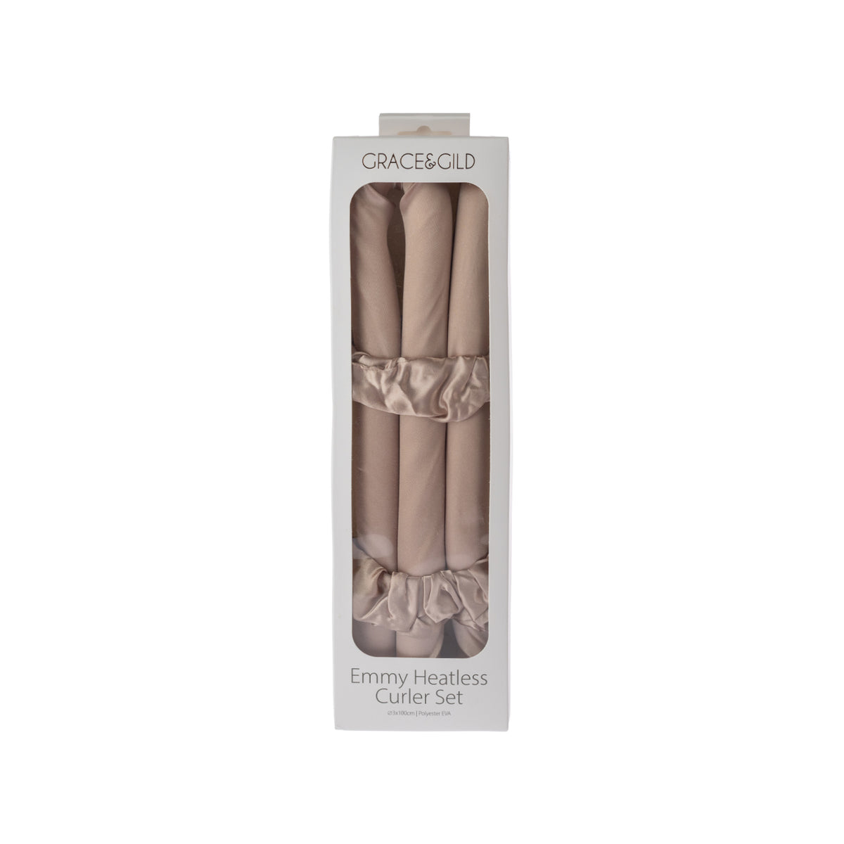 Grace & Gild Emmy Heatless Curler Set in champagne displayed in a slim white retail box with the soft curling rods and matching scrunchies visible.
