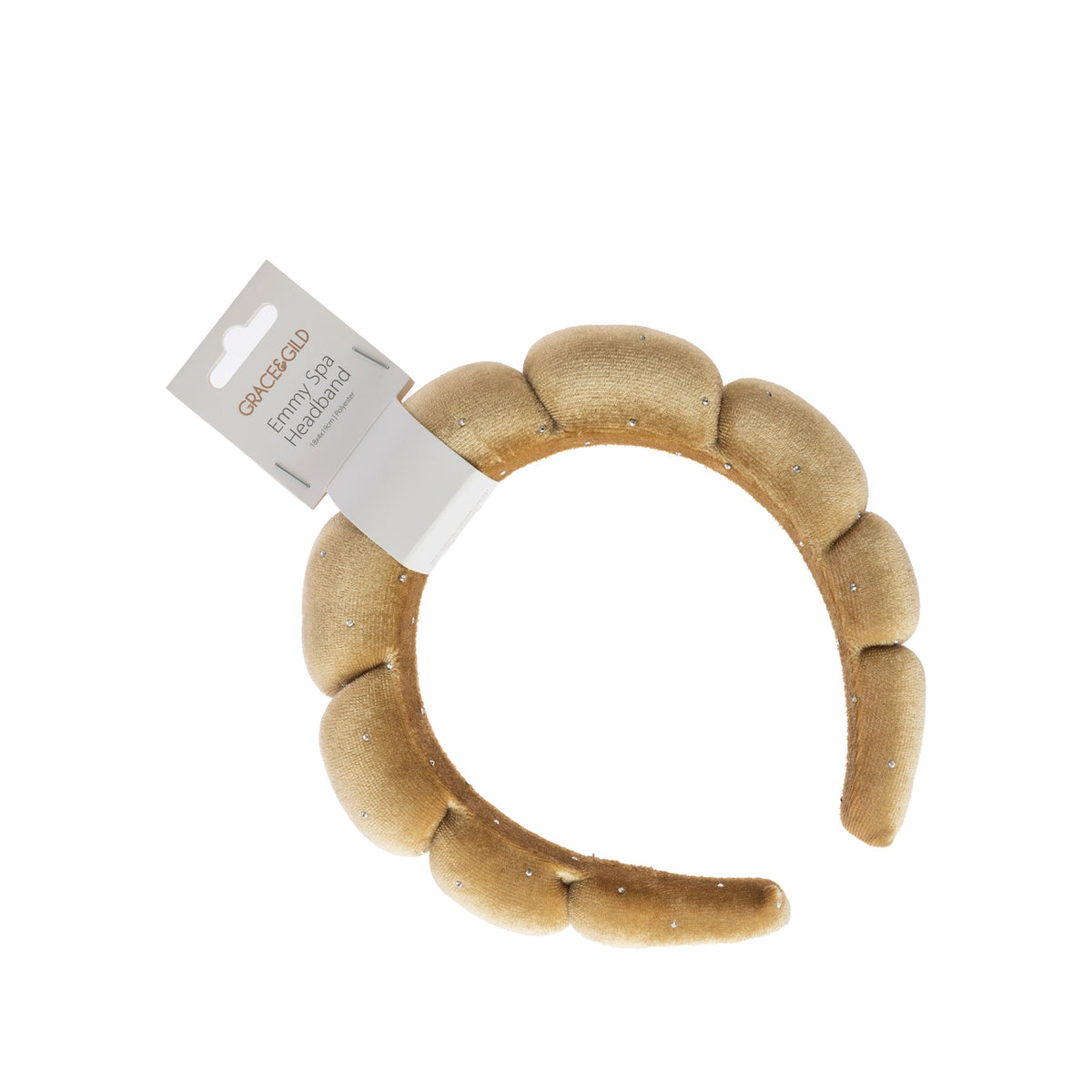 Grace & Gild Emmy Spa Headband in champagne, featuring a padded scalloped design with small sparkling embellishments and attached retail tag.