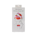 Grace & Gild Emmy Sleep Set displayed in white retail packaging with an illustration showing the pink and red striped sleep mask, headband and matching scrunchie.