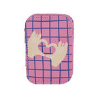 A pink zippered pouch with a blue grid pattern and a graphic of two hands forming a heart, shown on a plain white background.