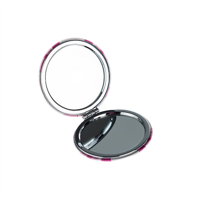 An open oval compact mirror with a silver-toned metal frame and a pink patterned edge, shown on a plain white background.