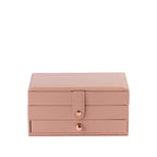 Blush pink textured jewellery organiser featuring rose-gold toned hardware, a secure snap-button closure and a convenient pull-out drawer.