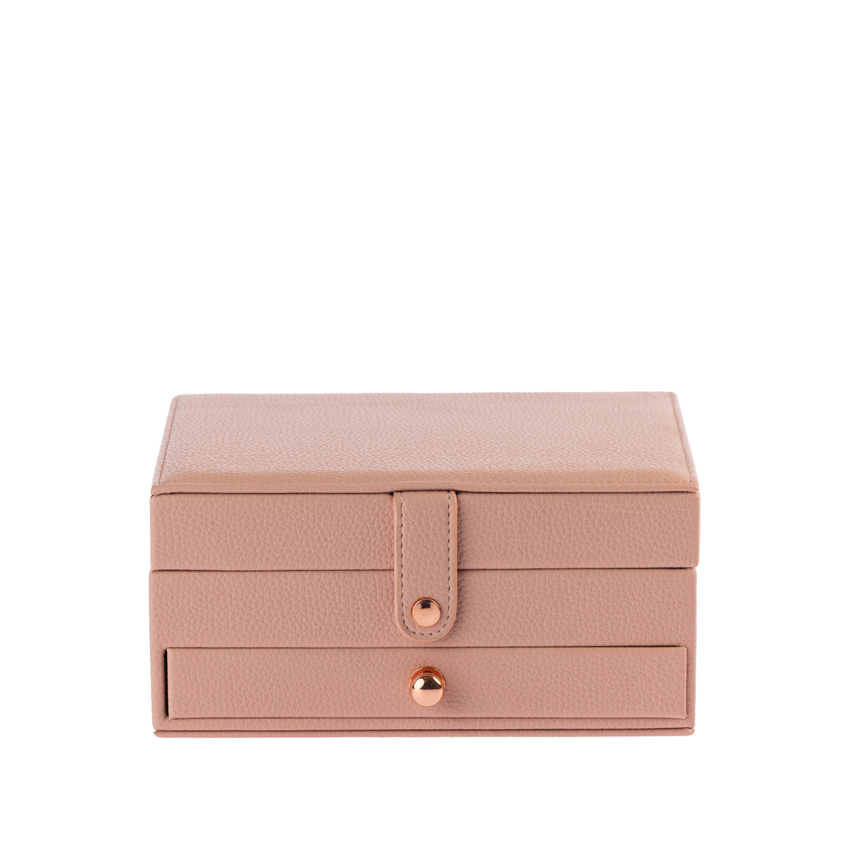 Blush pink textured jewellery organiser featuring rose-gold toned hardware, a secure snap-button closure and a convenient pull-out drawer.