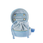 Open sky blue jewellery organiser featuring a striped interior, jewellery holders with gold-toned studs and a matching drawstring storage pouch.