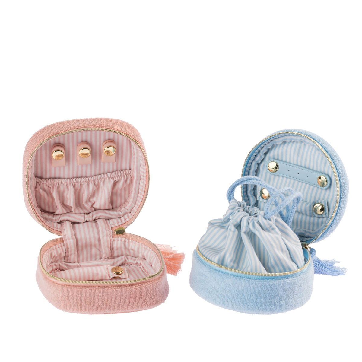 Open blush pink seashell and sky blue seahorse jewellery organisers, showing striped interiors, jewellery storage compartments and gold-toned detailing.