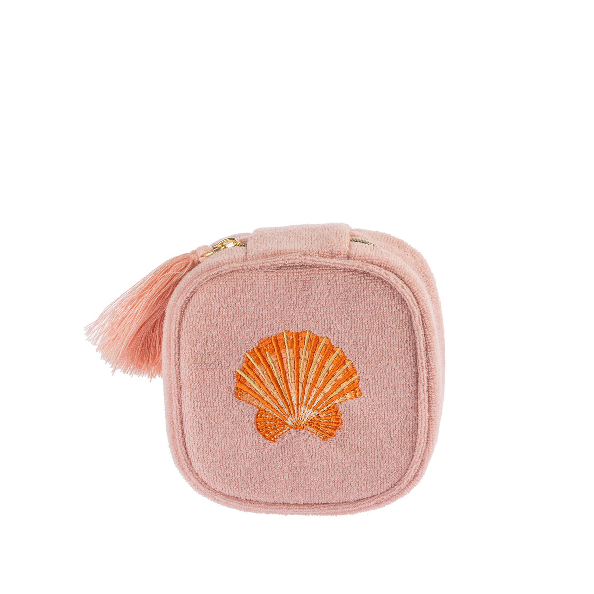 Blush pink jewellery organiser featuring a soft textured finish, embroidered orange scallop shell design, gold-toned zip and decorative pink tassel.