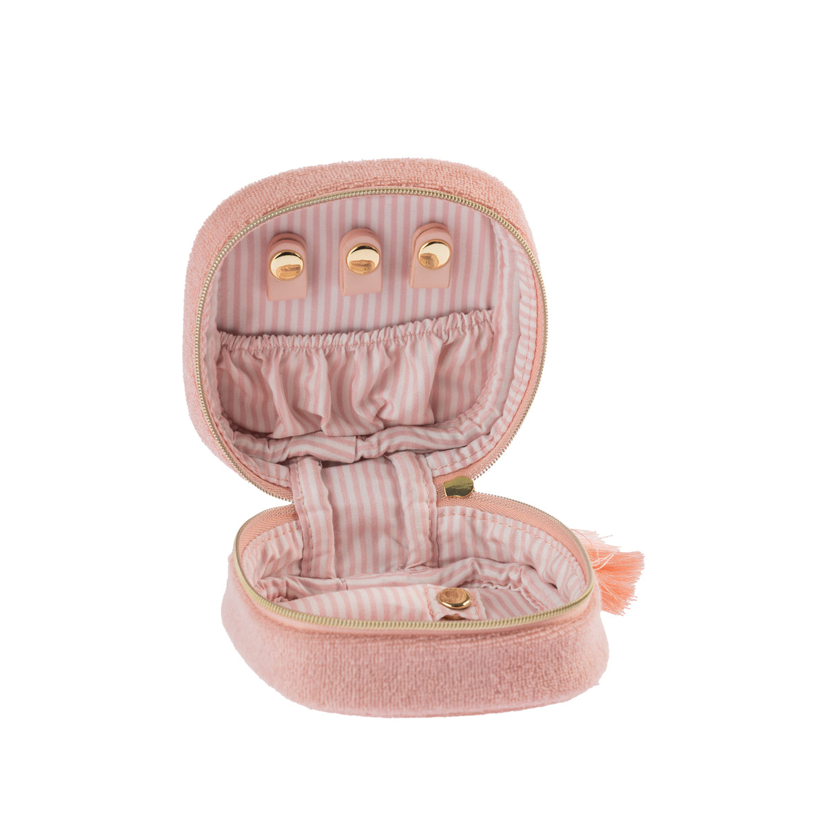 Open blush pink jewellery organiser showing a pink and white striped interior, jewellery holders with gold-toned studs and elasticated storage pockets.