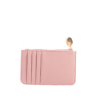 Lipstick pink card holder featuring a textured finish, multiple card slots, a top zip pocket and a gold-toned circular zip pull.