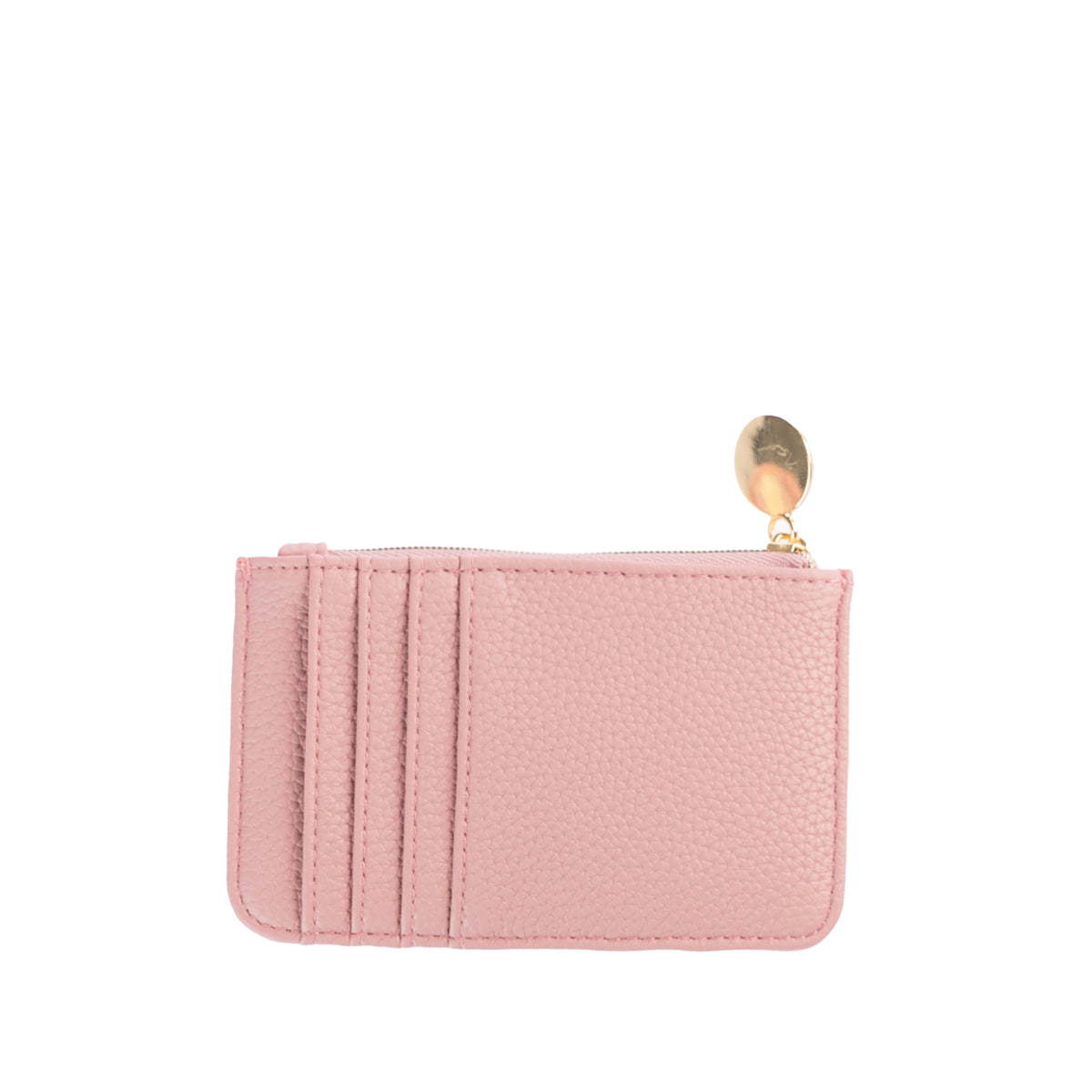 Lipstick pink card holder featuring a textured finish, multiple card slots, a top zip pocket and a gold-toned circular zip pull.