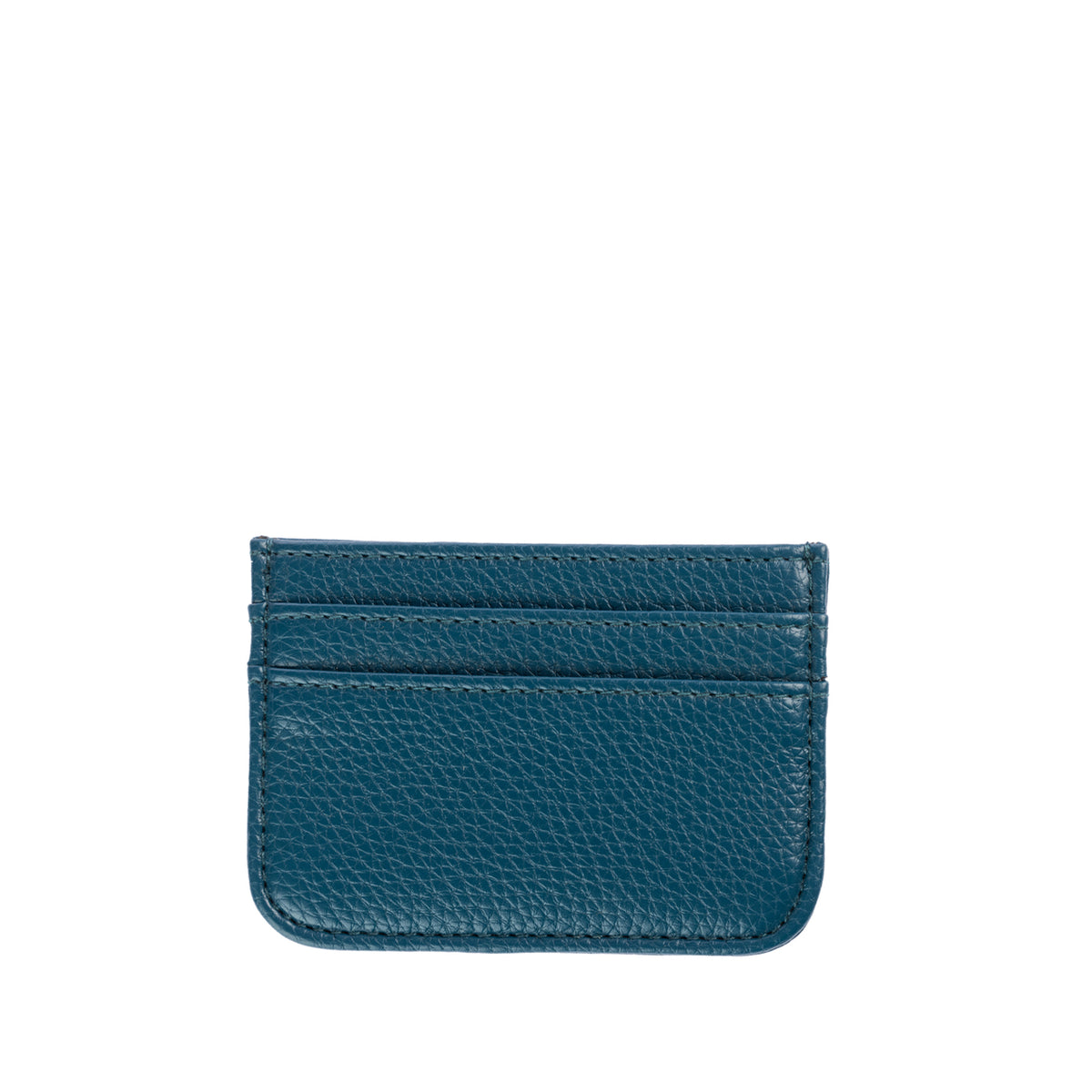 Deep Denim blue card holder featuring a textured finish, multiple card slots, neat stitching and rounded bottom corners.