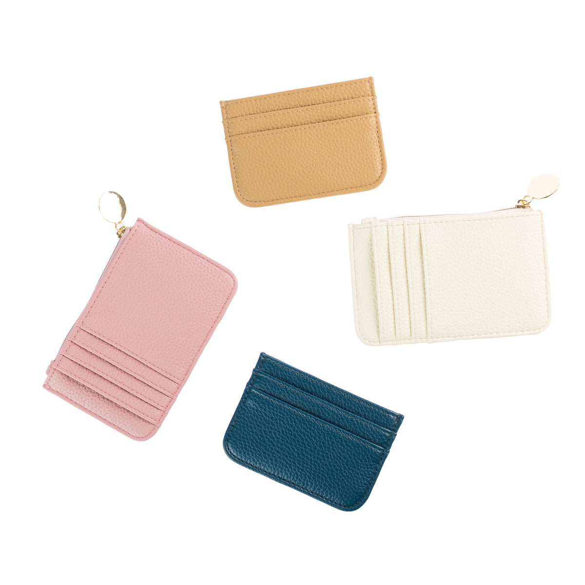 Grace & Gild card holders displayed in Lipstick, Ivory, Camel and Deep Denim, showcasing a range of colours and compact designs.