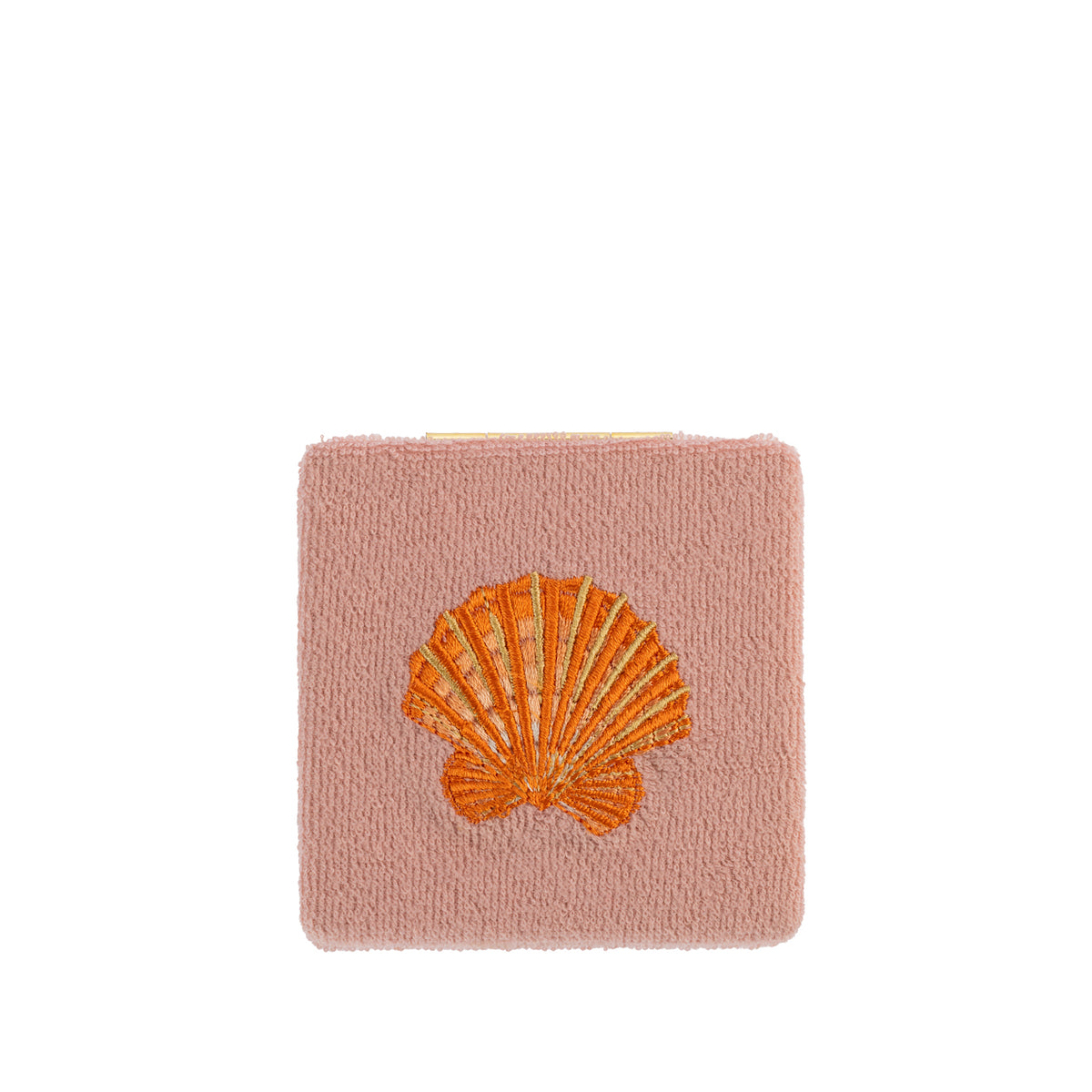 Blush pink compact mirror featuring a textured fabric finish with a bright orange embroidered seashell design.