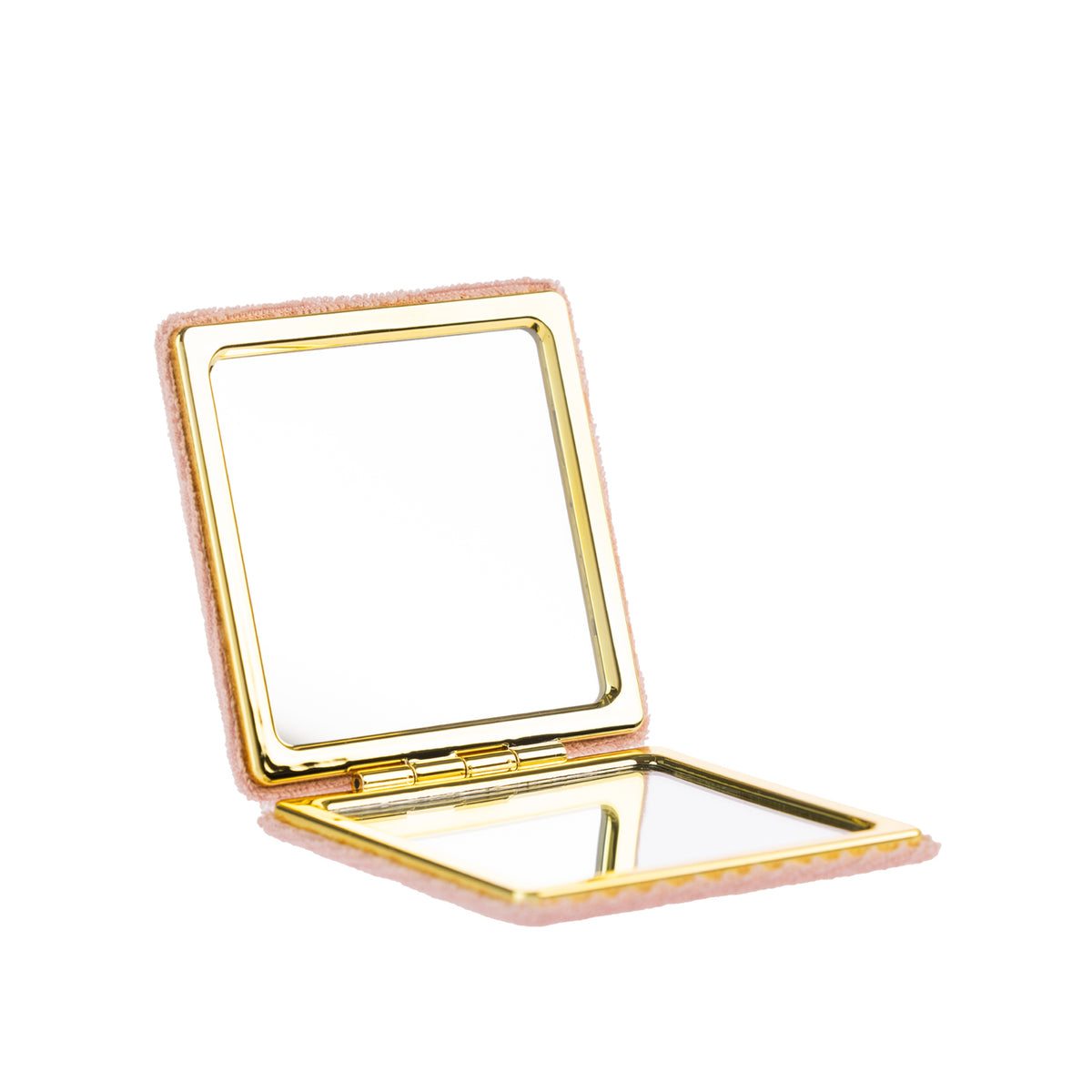Open Blush compact mirror showing two mirrors with gold-toned frames and a hinged design.