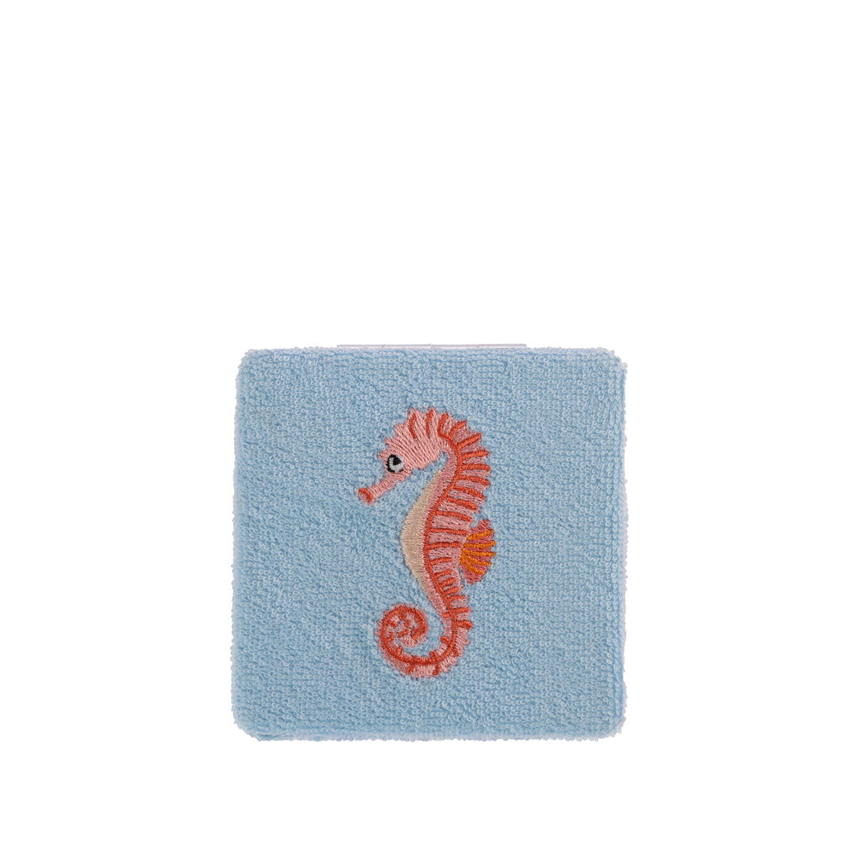 Sky Blue compact mirror featuring a textured fabric finish with a pink and coral embroidered seahorse design.