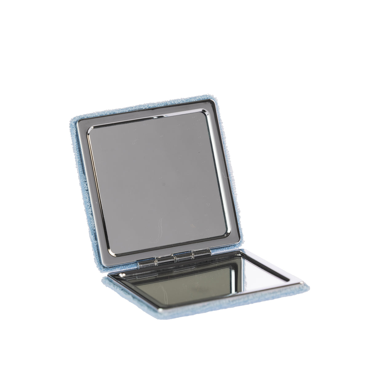 Open Sky Blue compact mirror showing two mirrors with silver-toned frames and a hinged design.