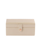 Cream textured jewellery organiser featuring an elegant rose-gold toned snap-button closure and a compact rectangular design.