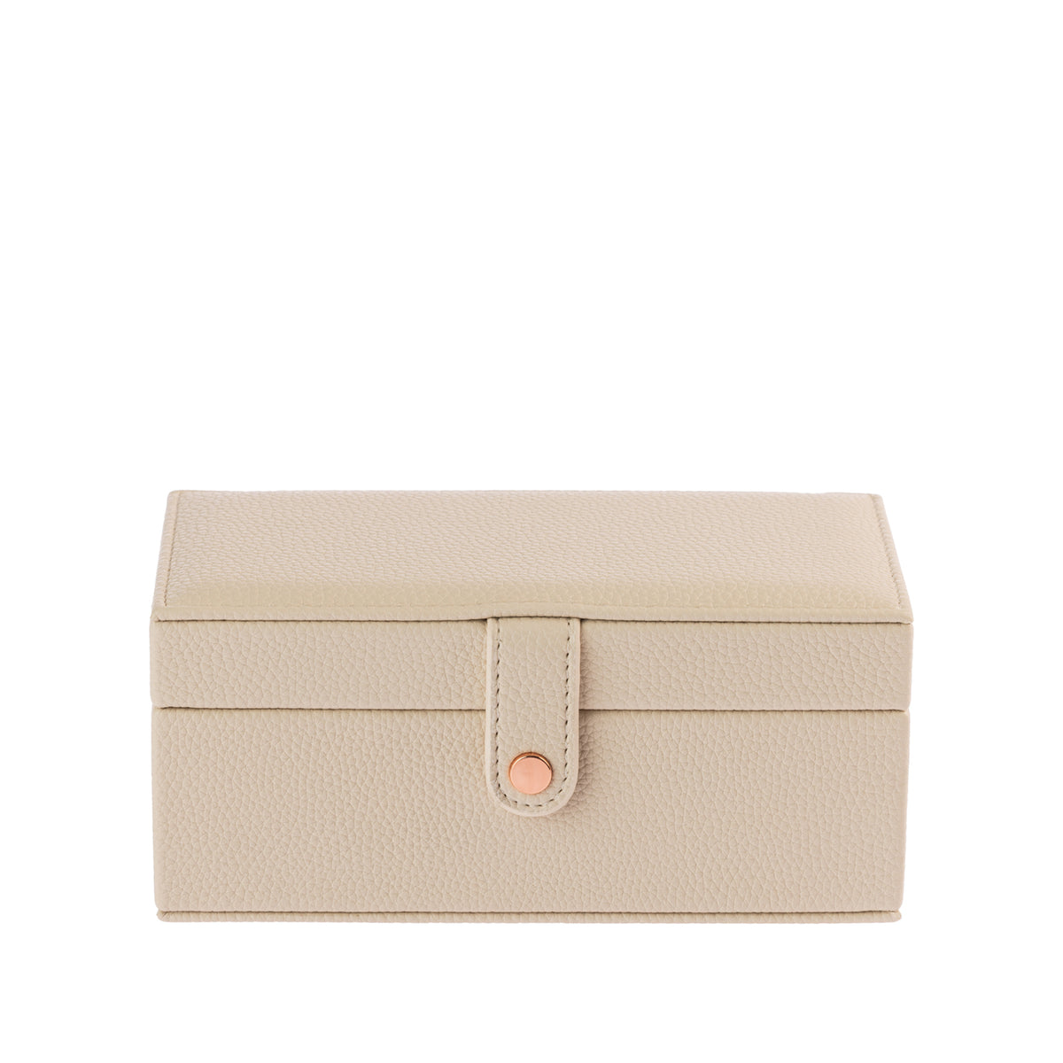 Cream textured jewellery organiser featuring an elegant rose-gold toned snap-button closure and a compact rectangular design.