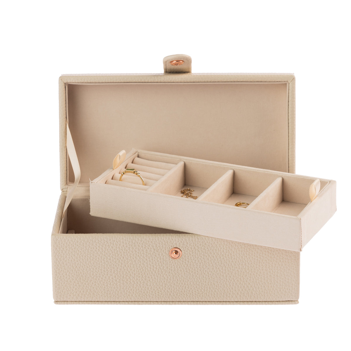 Open jewellery organiser featuring a removable upper tray with ring rolls, divided compartments, soft beige lining and additional storage space underneath.